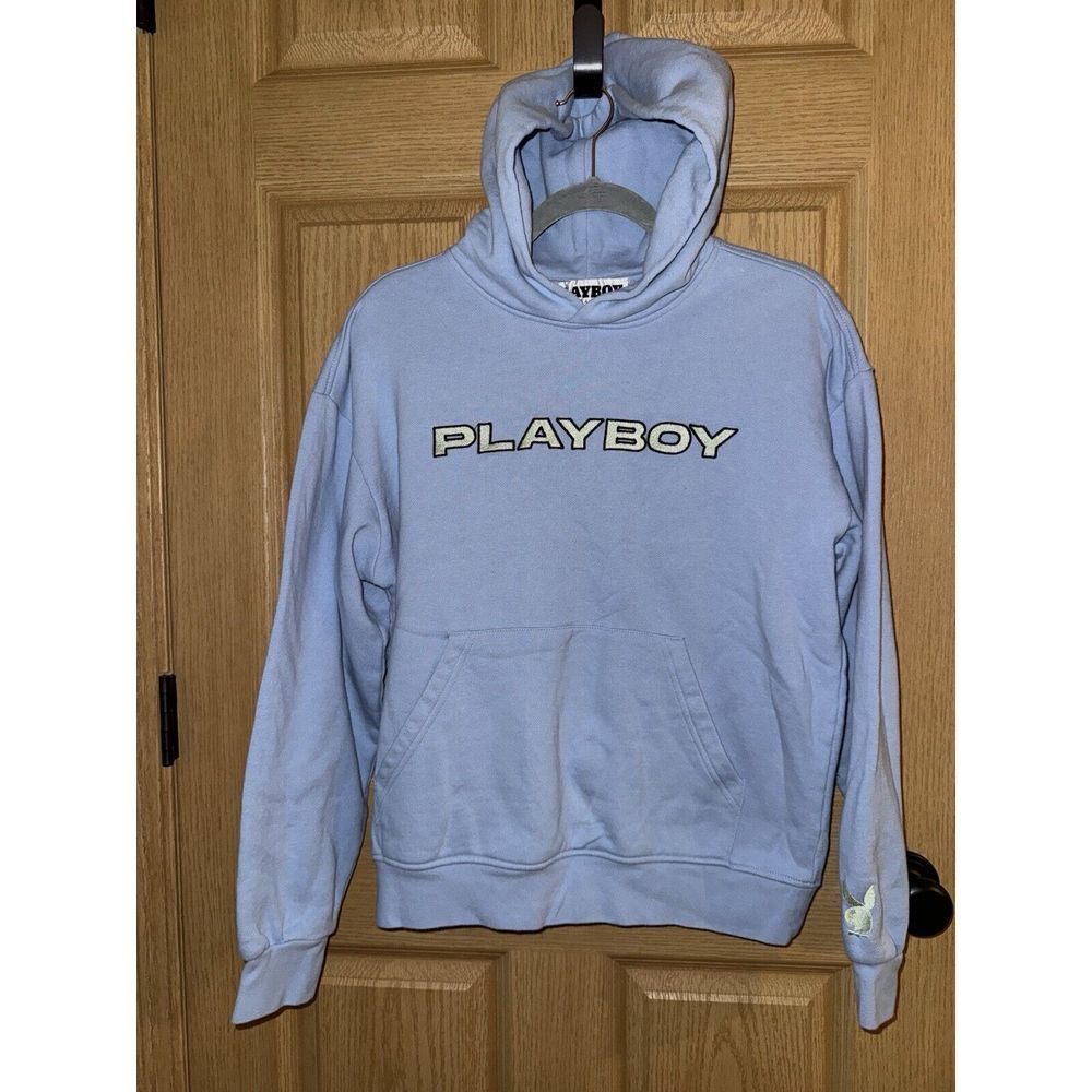 Playboy By Pacsun Men's Small Sweatshirt Hoodie Baby Blue White Embroidered EUC